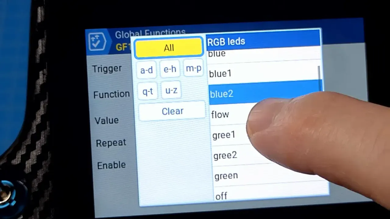 GX15 Global Functions page showing RGB LED function and flow setting