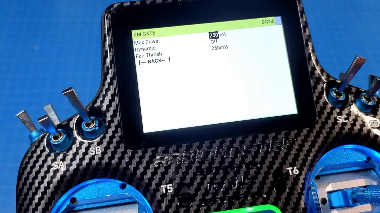 GX15 ExpressLRS menu showing transmitter power settings on the touchscreen