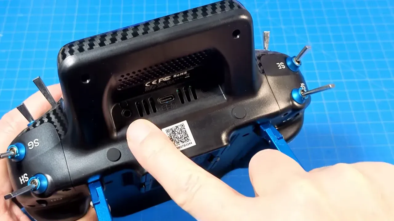 Rear of RadioMaster GX15 showing open full-size JR module bay
