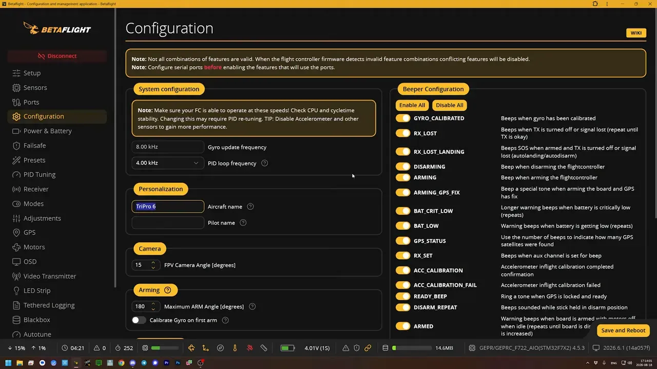 Betaflight Configurator screen showing configuration options for FPV camera settings