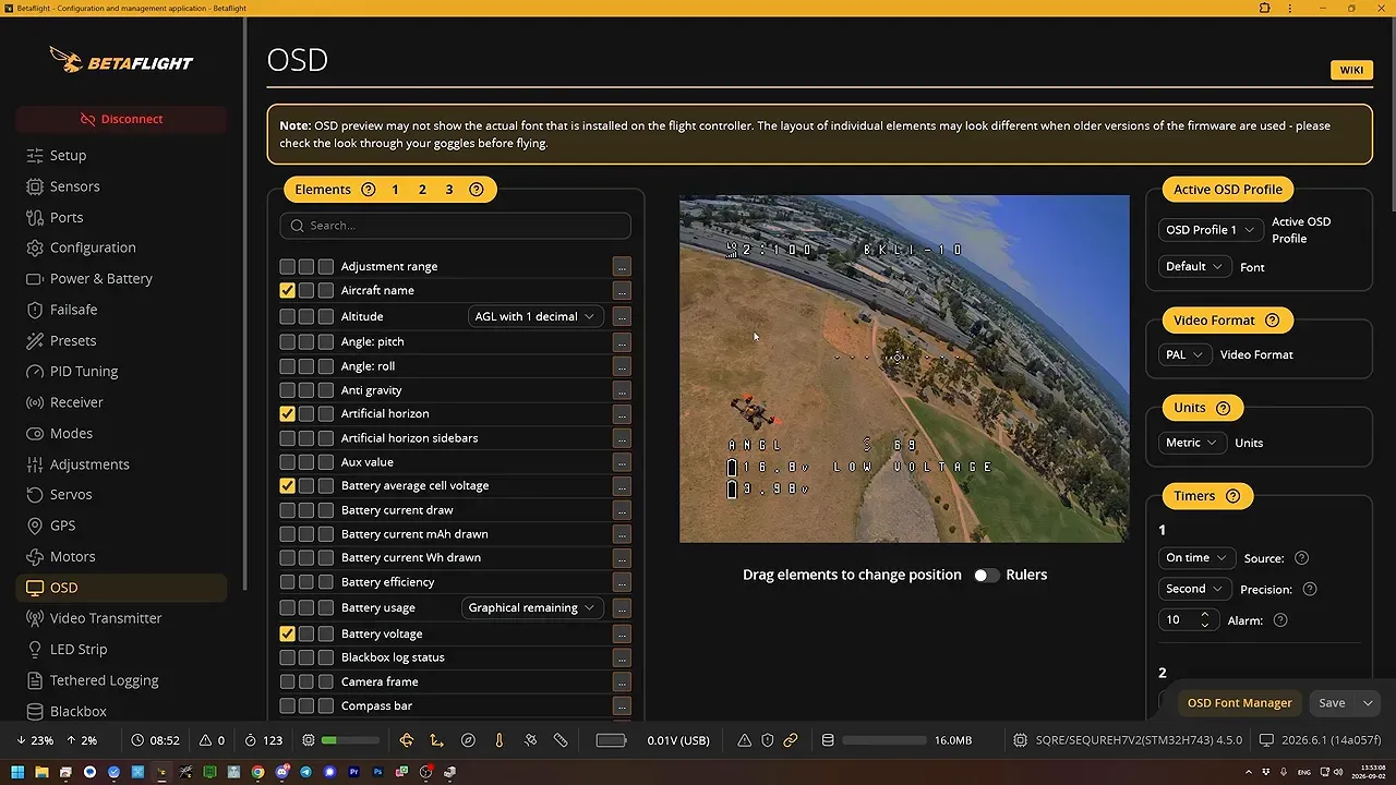 Betaflight Configurator OSD tab with OSD element list and flight preview