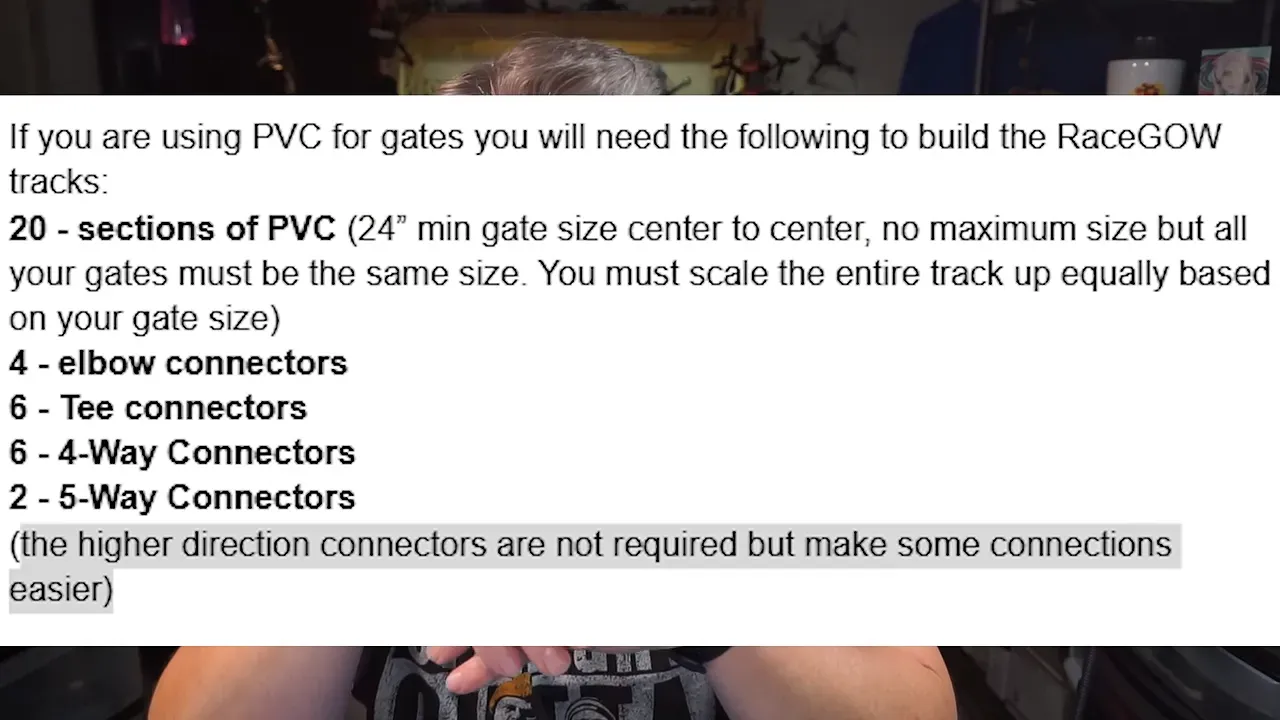 On-screen RaceGOW PVC materials list with pipe sections and elbow, tee, four-way and five-way connectors