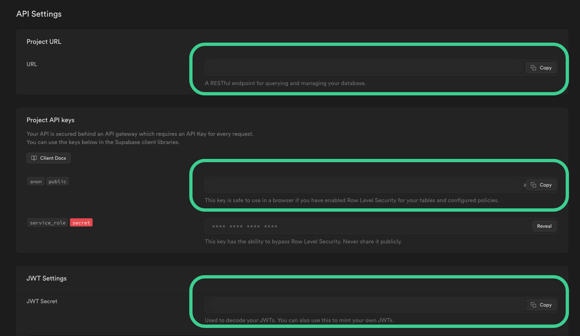 Highlighting the Supabase API Setting containing our URL and API Keys