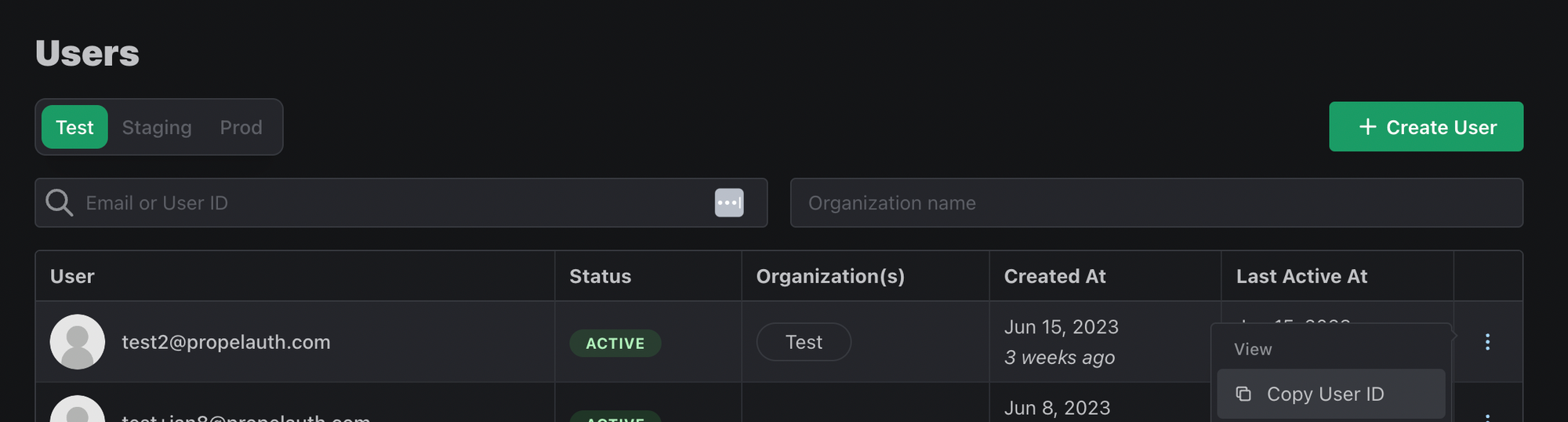 Using the PropelAuth authentication project dashboard to grab a user ID