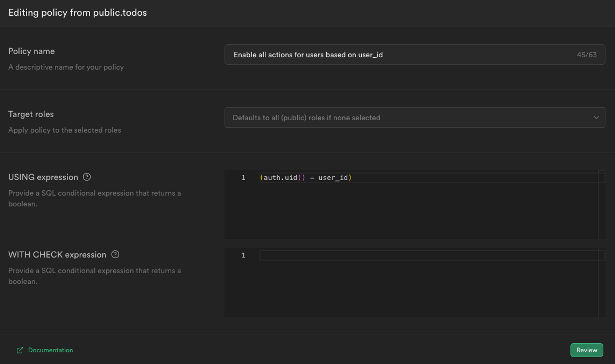 Setting up a role level security (RLS) policy for our Supabase data