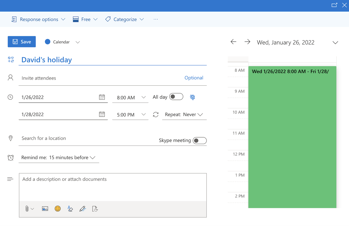 How to add vacation to Outlook Calendar