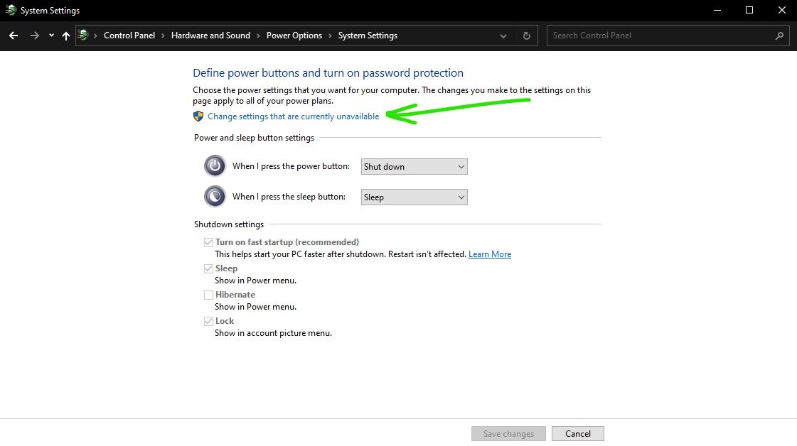 Windows 10 System Settings Power buttons and password protection