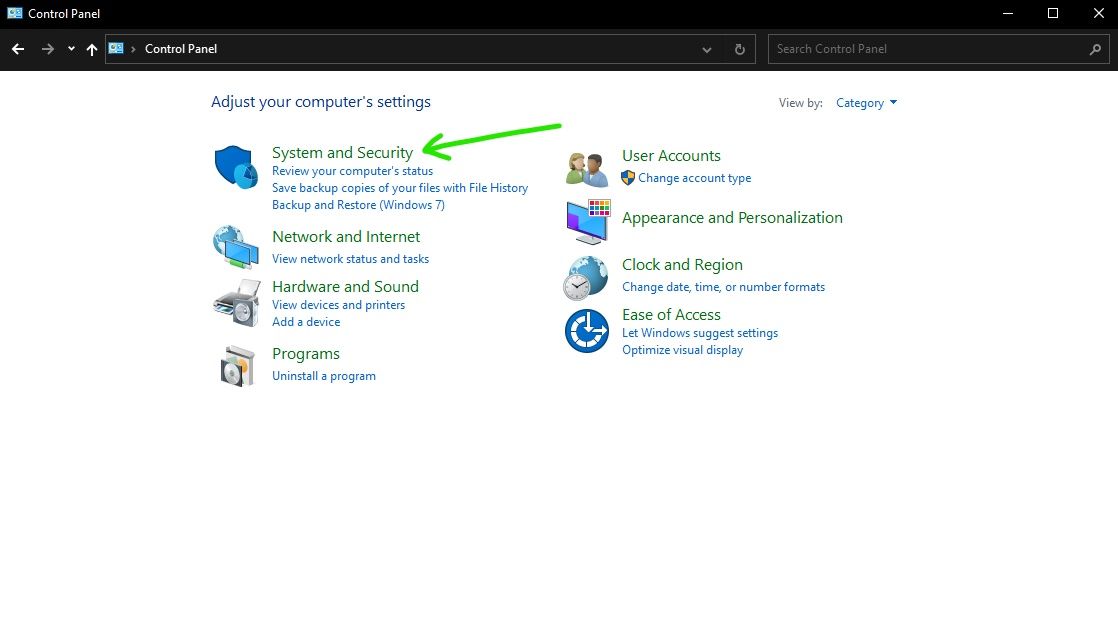 Windows 10 Control Panel System and Security settings