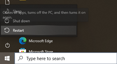 Windows 10 Restart option in Power menu