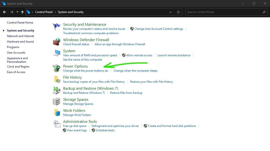 Windows 10 Control Panel Power Options