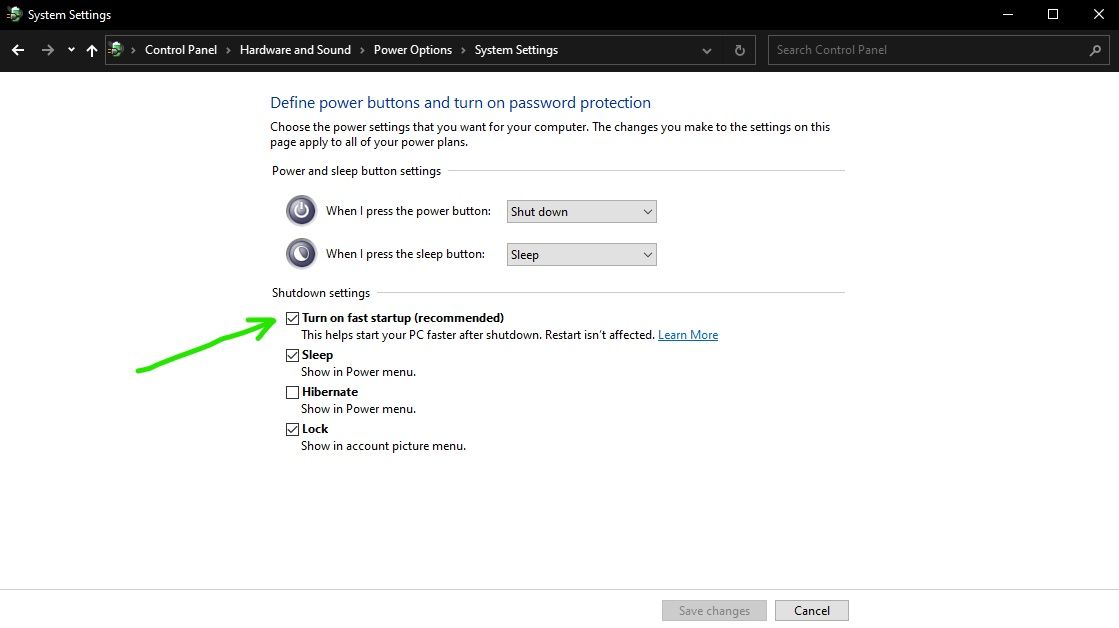 Windows 10 turn off fast startup checkbox