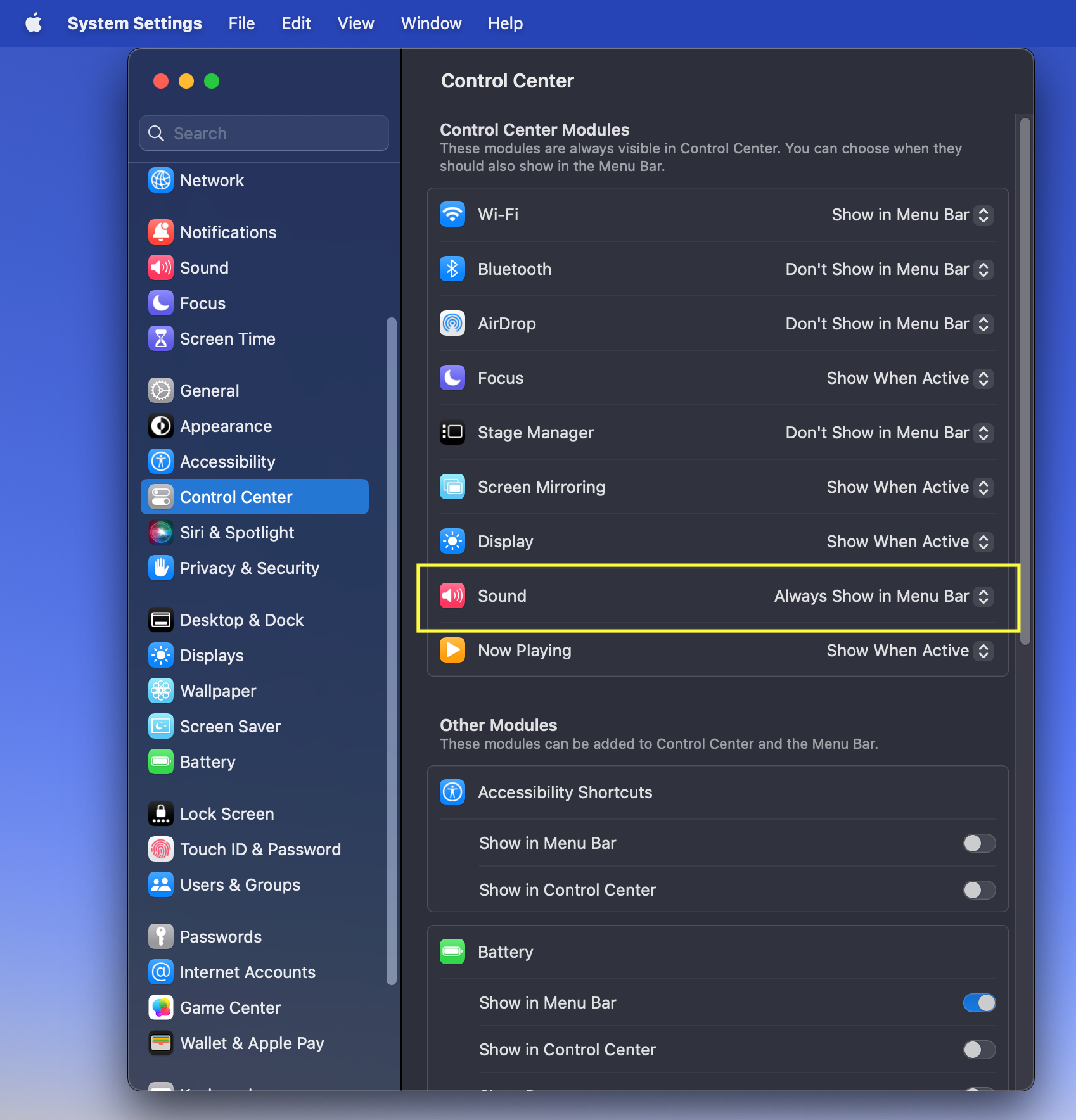 MacOS System Settings Sound options