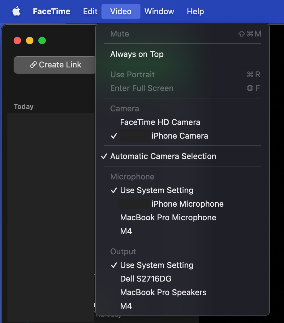 Mac FaceTime Video tab showing options