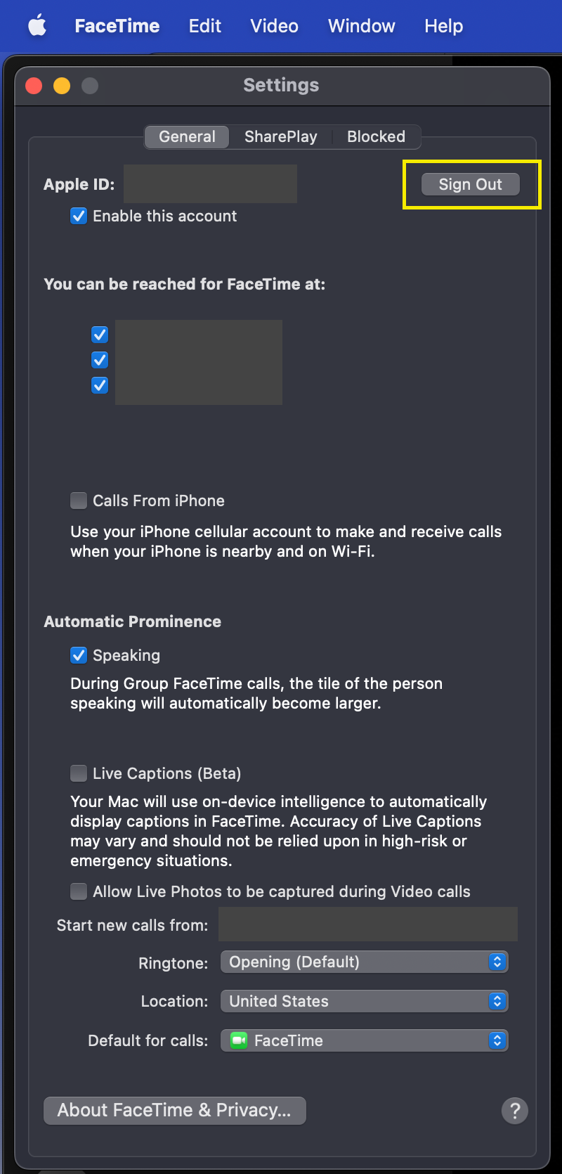 MacOS FaceTime General Settings