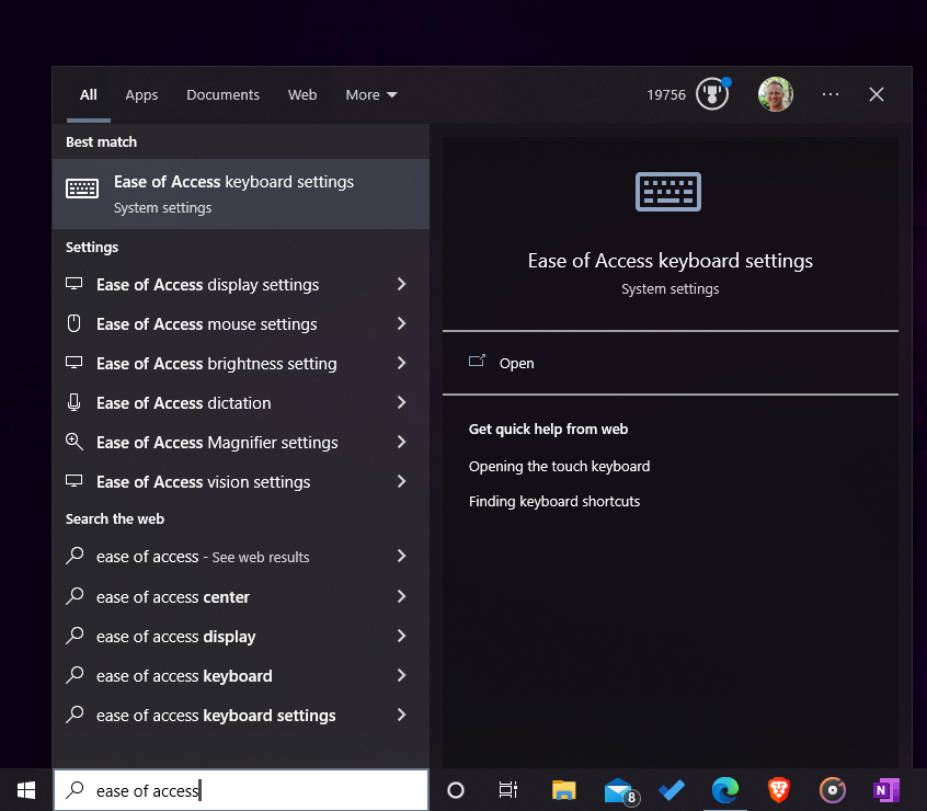 Windows 10 ease of access search