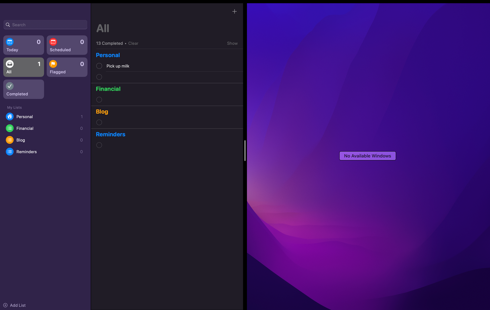 Reminders App in split screen view on Mac