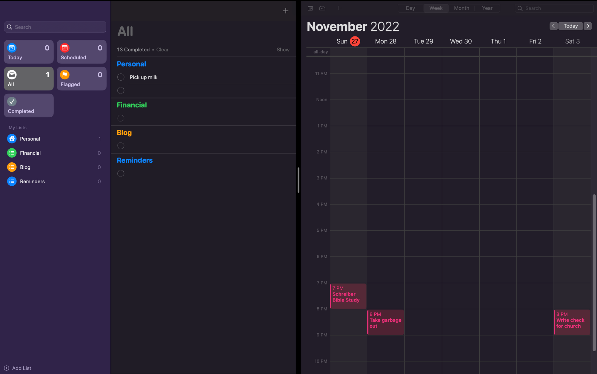 Mac Split Screen view Reminders and Calendar