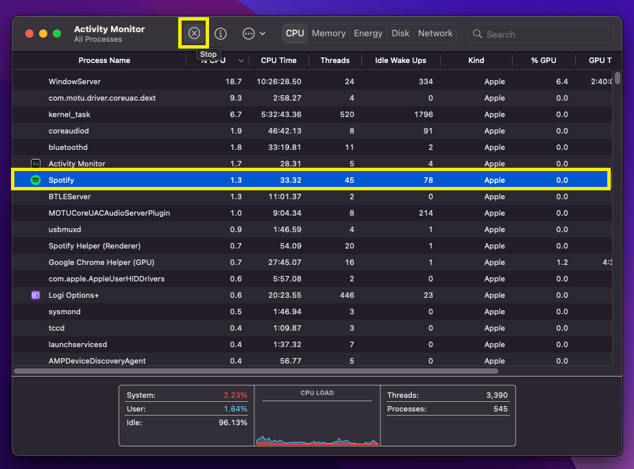 Activity Monitor showing CPU tab and stop process