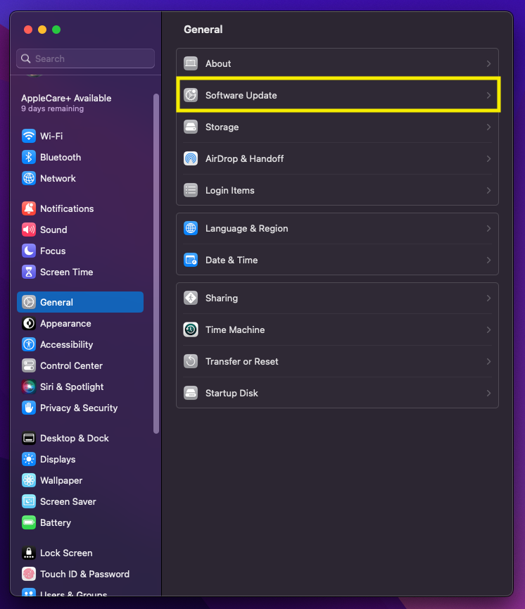Mac Settings General tab Software Update