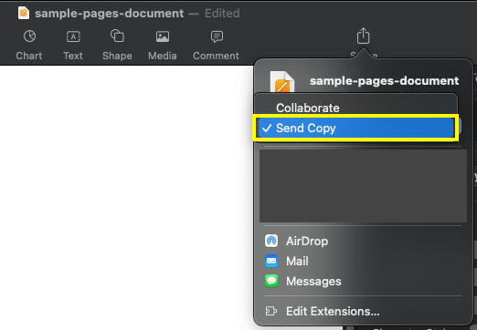 Sample Pages document sharing options Send Copy selected