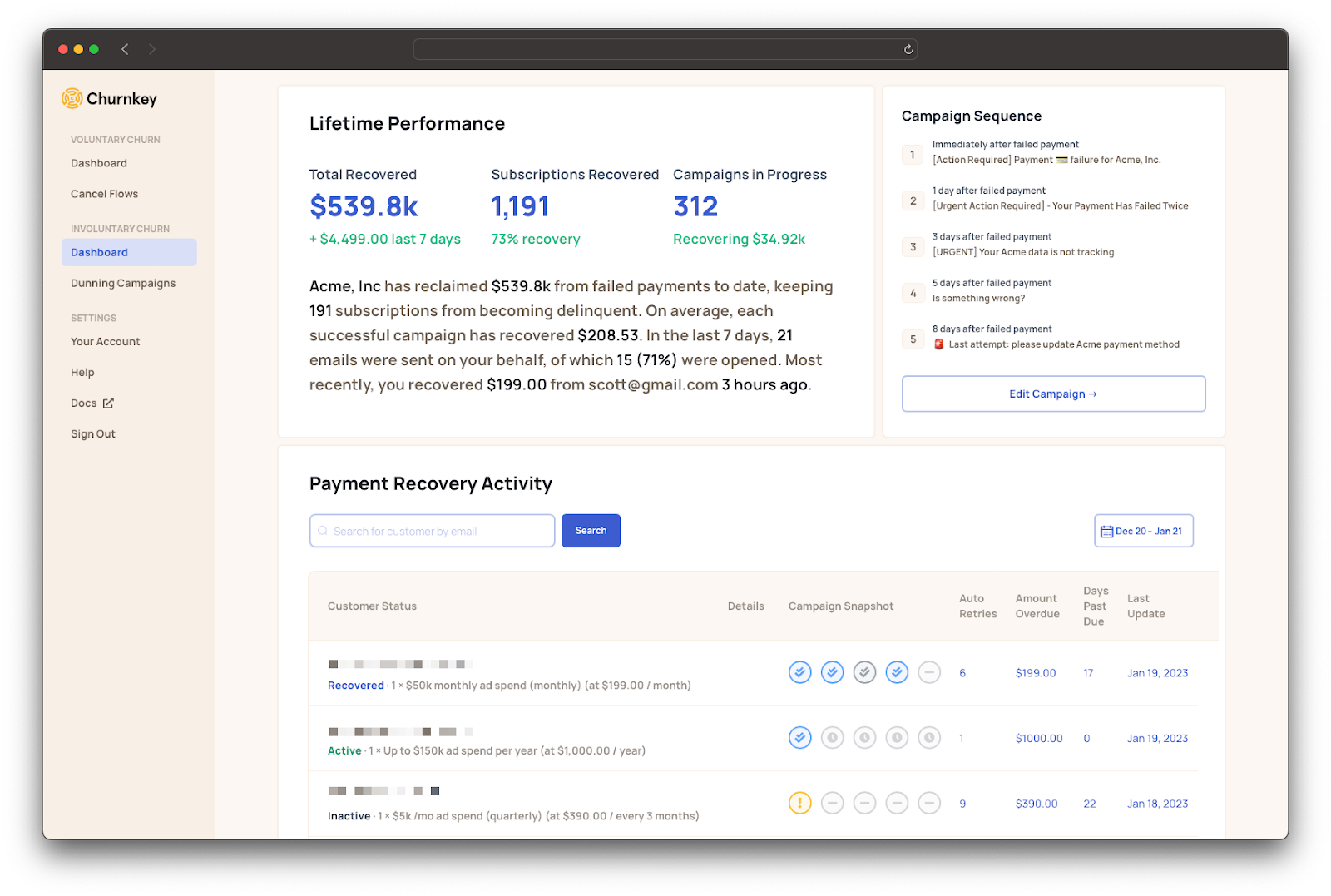 Churnkey's Dunning Dashboard