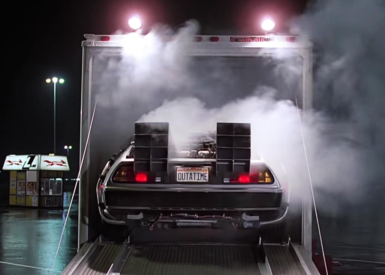 The first time we see the DeLorean time machine in Back to the Future.