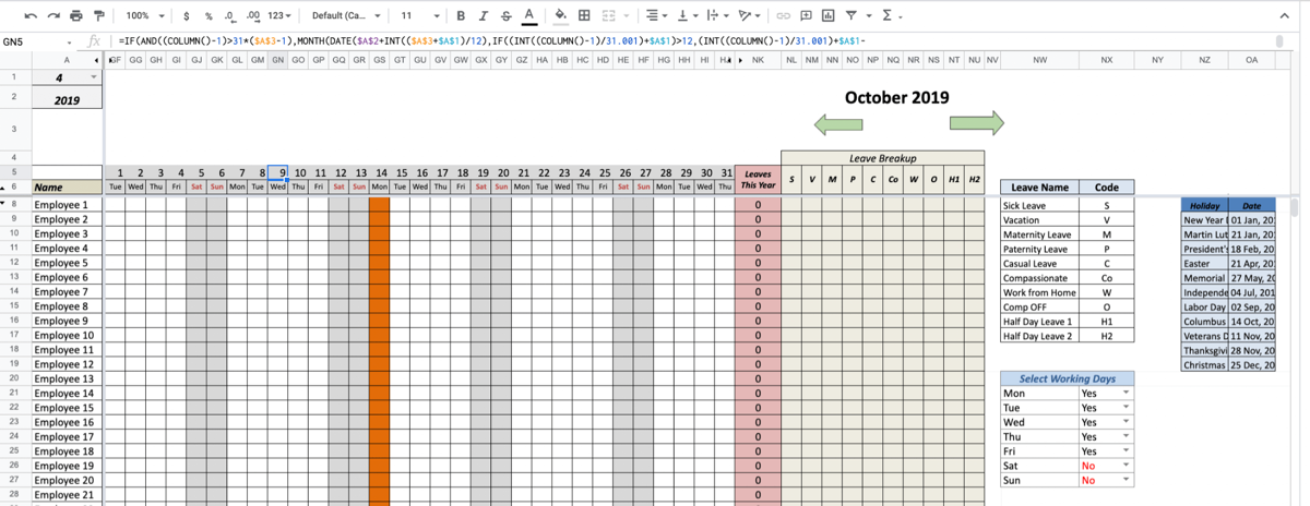 A preview of what it looks like to track employee leave in an Excel spreadsheet.