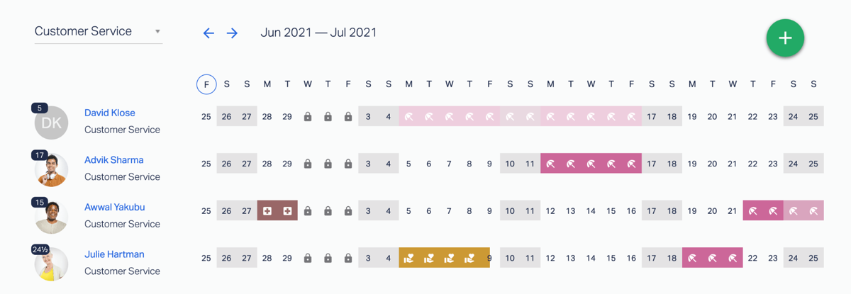 A preview of all employees with a calendar showing what dates they are taking off and why (the reasoning is only available to managers).