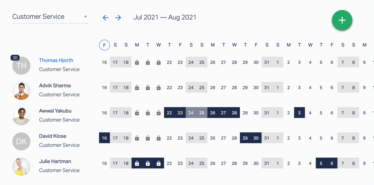 A preview of a Customer Service team calendar for June and July 2021 in Timetastic.