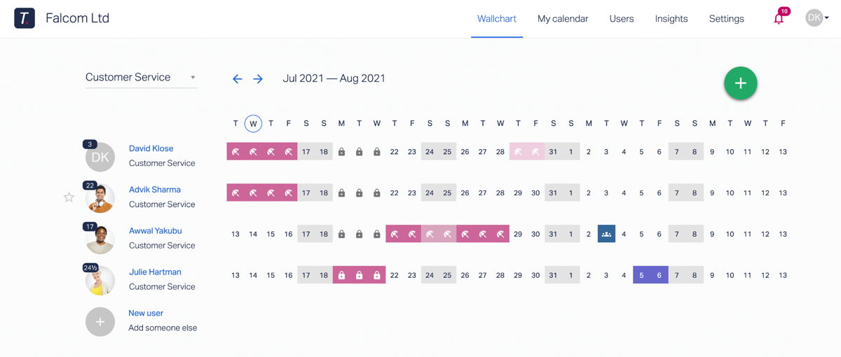 A preview of what a standard Wallchart looks like in the Timetastic platform.