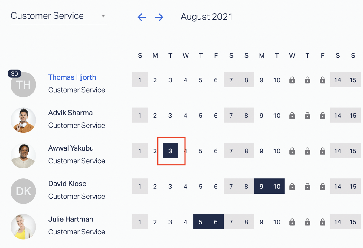 As shown, Awwal Yakubu is off work on August 3rd 2021, so other staff cannot take time off.