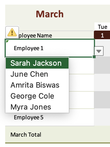 Microsoft Excel's Employee Absence Schedule template: Choose employee names from a dropdown list.