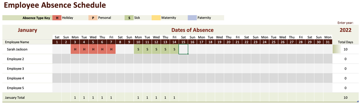 Microsoft Excel's Employee Absence Schedule: Dates of Absence