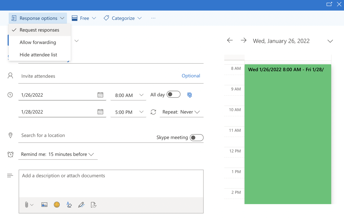 Adding annual leave to your Outlook Calendar manually: Step 2