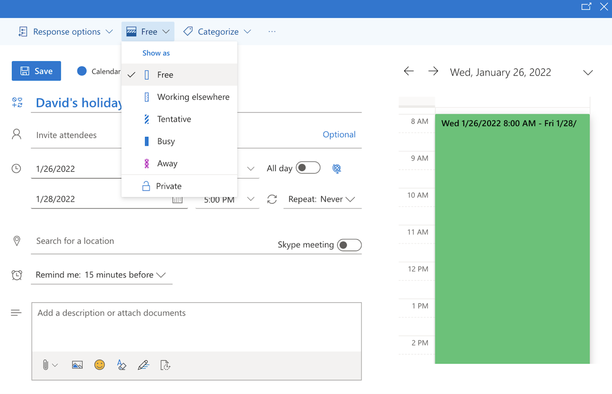 Adding annual leave to your Outlook Calendar manually: Step 3