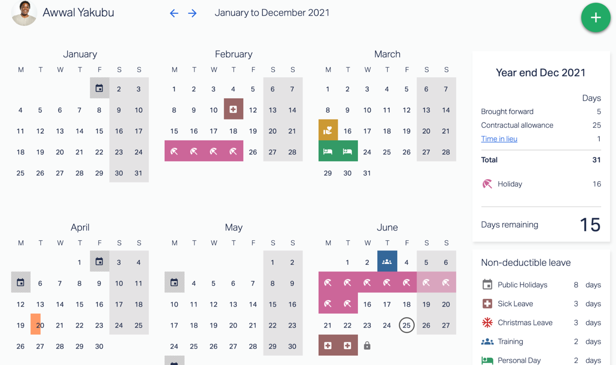 Awwal Yakubu's schedule for the first 6 months of the year with dates off displayed.