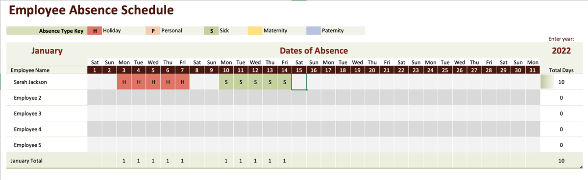 An example of an Excel PTO tracker