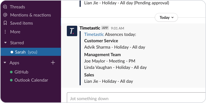 Get weekly absence summaries about our team